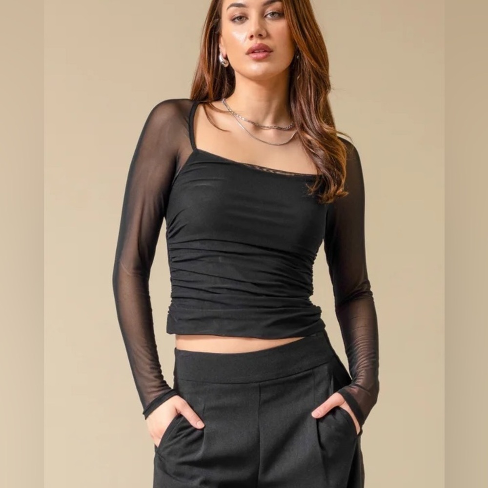 Abercrombie & Fitch Long Sheer Sleeves Black Bodysuit Ruched Bodice Top Size XS